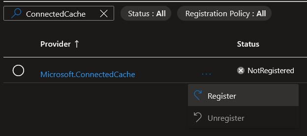 Resource provider screen for Azure subscription