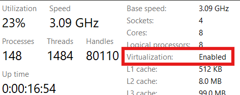 Screenshot of Task Manager showing nested virtualization